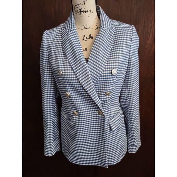 J&L Atelier Womens Small Blazer Jacket Blue White Gingham Checked Lined Classic - Picture 1 of 12